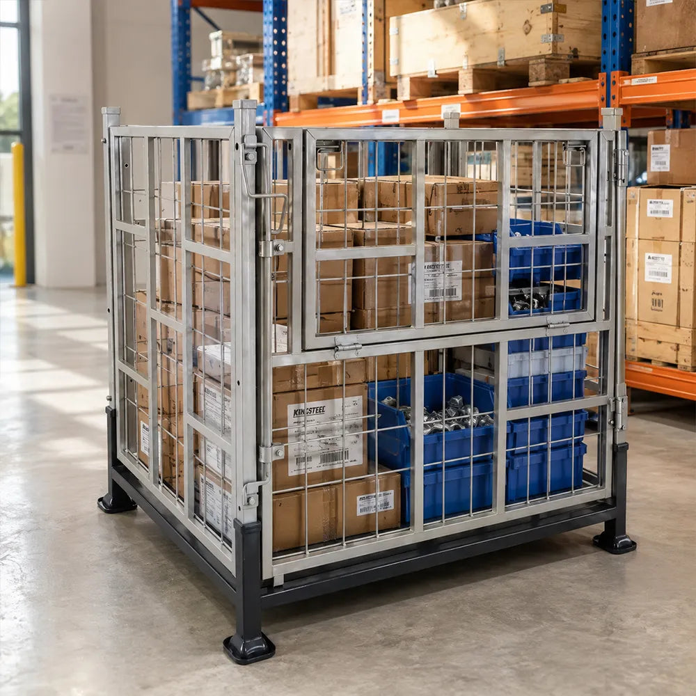 GROVIA Industrial Steel Storage Cage Reinforced Frame High Load Capacity Stackable Design 146cm for Warehouse Manufacturing - Black&White