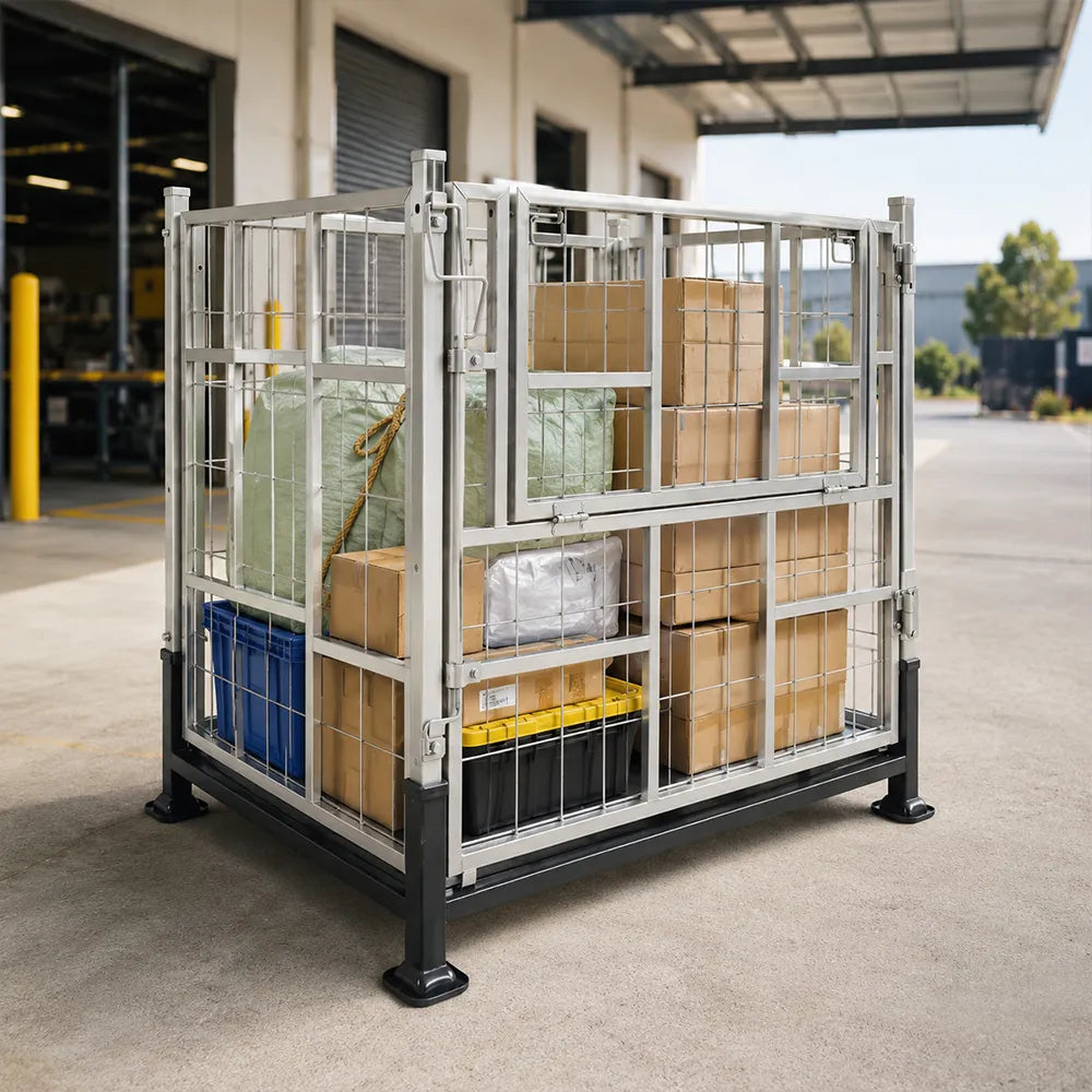 GROVIA Industrial Steel Storage Cage Reinforced Frame High Load Capacity Stackable Design 146cm for Warehouse Manufacturing - Black&White