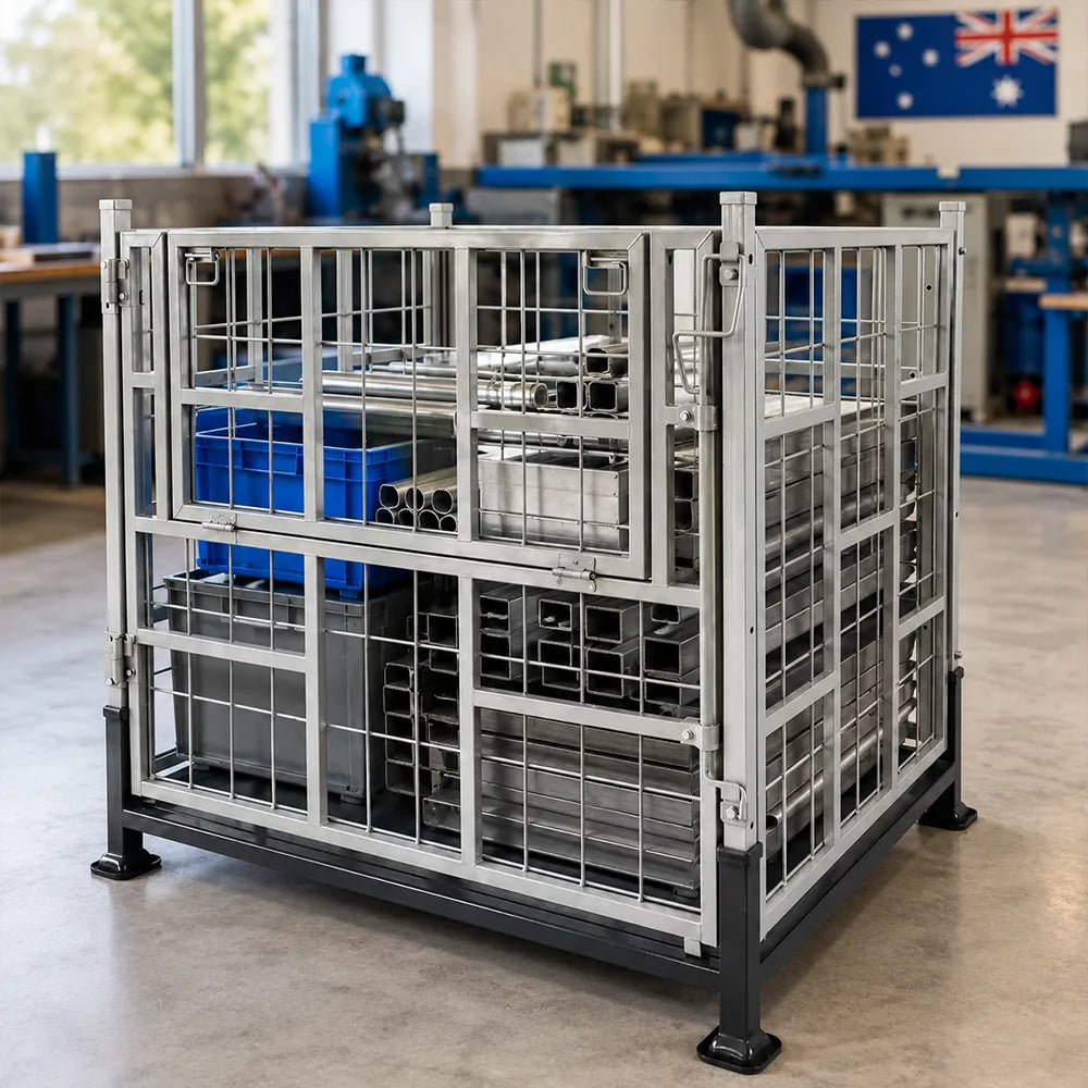 GROVIA Industrial Steel Storage Cage Reinforced Frame High Load Capacity Stackable Design 146cm for Warehouse Manufacturing - Black&White