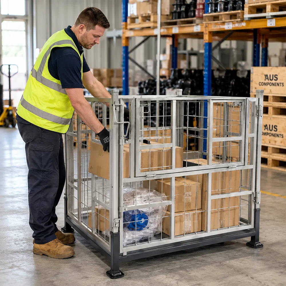 GROVIA Industrial Steel Storage Cage Reinforced Frame High Load Capacity Stackable Design 146cm for Warehouse Manufacturing - Black&White