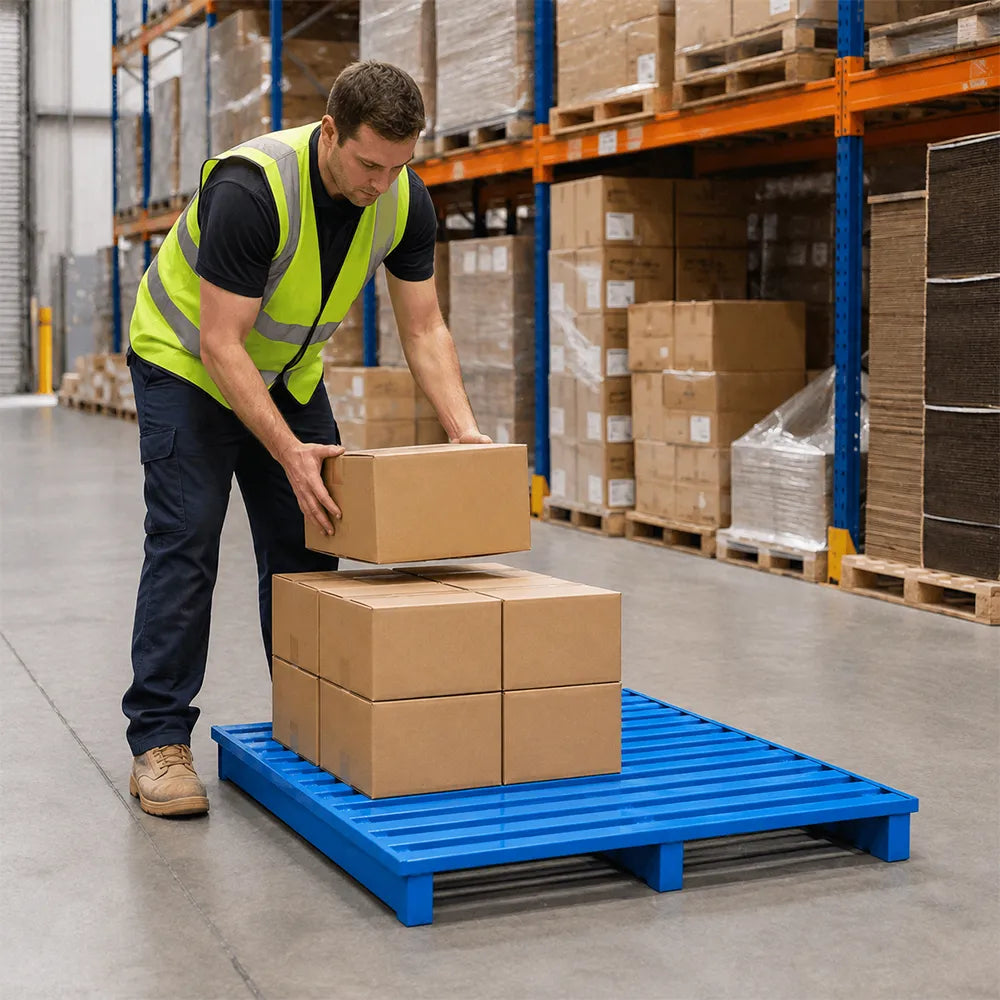 GROVIA Heavy-Duty Steel Pallet Reinforced Frame Forklift Compatible 100/120cm for Warehouse Factory Logistics Storage - Blue
