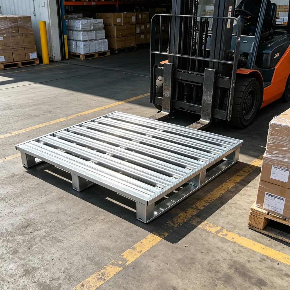 GROVIA Heavy-Duty Steel Pallet Reinforced Frame Forklift Compatible 100/120cm for Warehouse Factory Logistics Storage - Silver