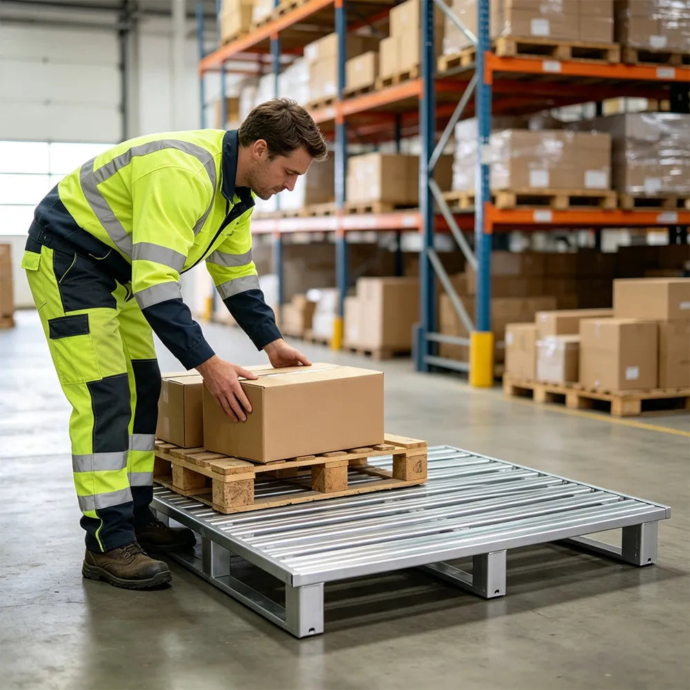 GROVIA Heavy-Duty Steel Pallet Reinforced Frame Forklift Compatible 100/120cm for Warehouse Factory Logistics Storage - Silver