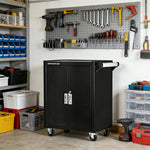 GROVIA Heavy Duty Tool Cabinet Double Door Lockable with Brake Castors 630x400x810mm Workshop Storage - Black