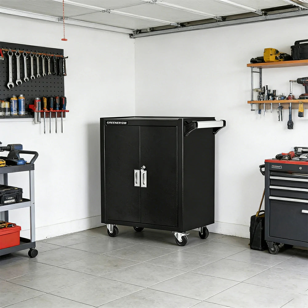 GROVIA Heavy Duty Tool Cabinet Double Door Lockable with Brake Castors 630x400x810mm Workshop Storage - Black