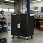 GROVIA Heavy Duty Tool Cabinet Double Door Lockable with Brake Castors 630x400x810mm Workshop Storage - Black