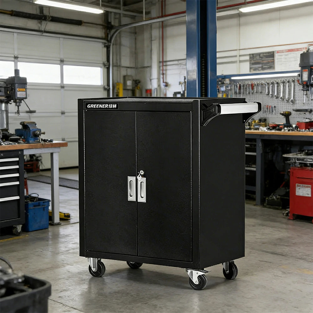 GROVIA Heavy Duty Tool Cabinet Double Door Lockable with Brake Castors 630x400x810mm Workshop Storage - Black