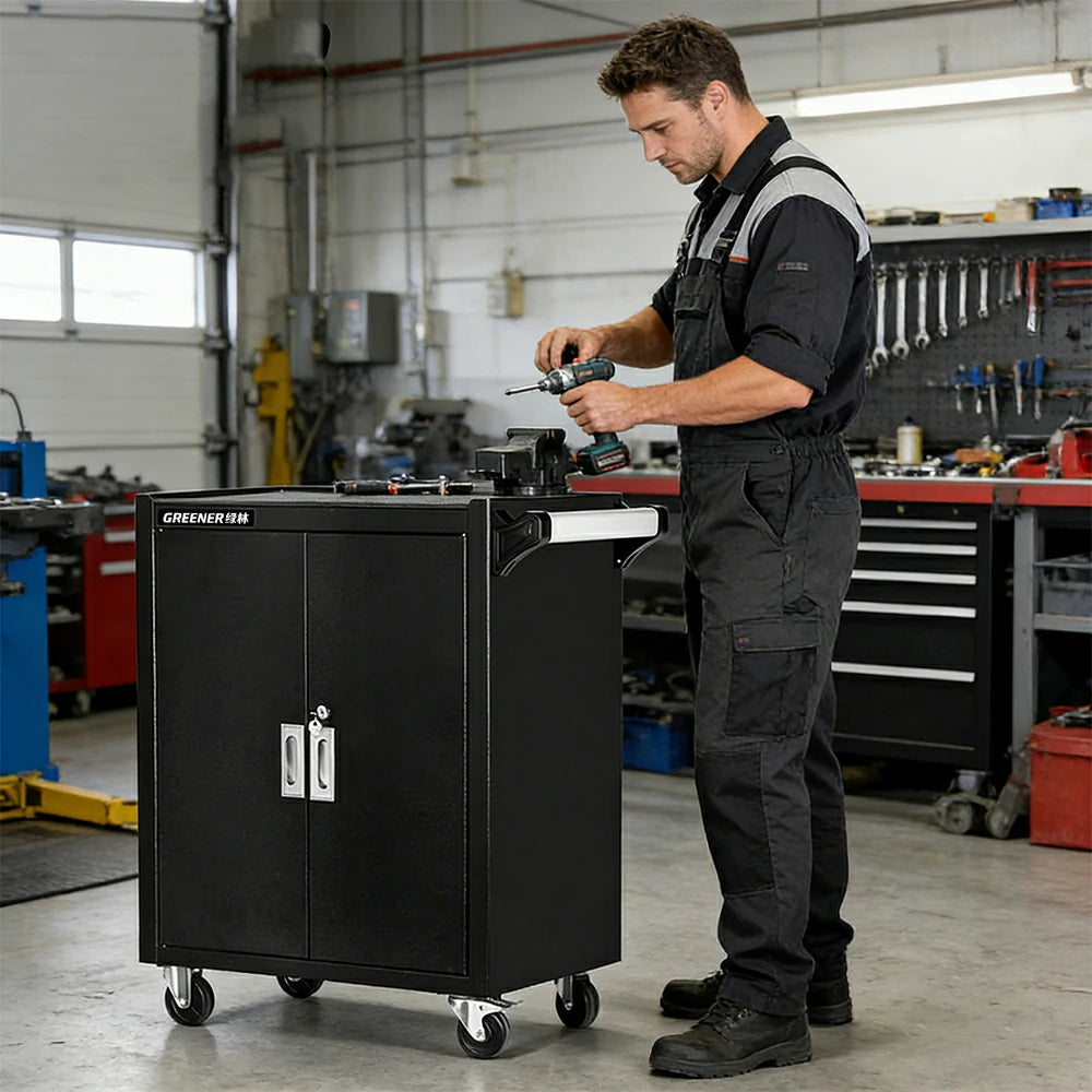 GROVIA Heavy Duty Tool Cabinet Double Door Lockable with Brake Castors 630x400x810mm Workshop Storage - Black