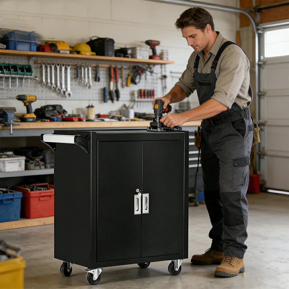 GROVIA Heavy Duty Tool Cabinet Double Door Lockable with Brake Castors 630x400x810mm Workshop Storage - Black