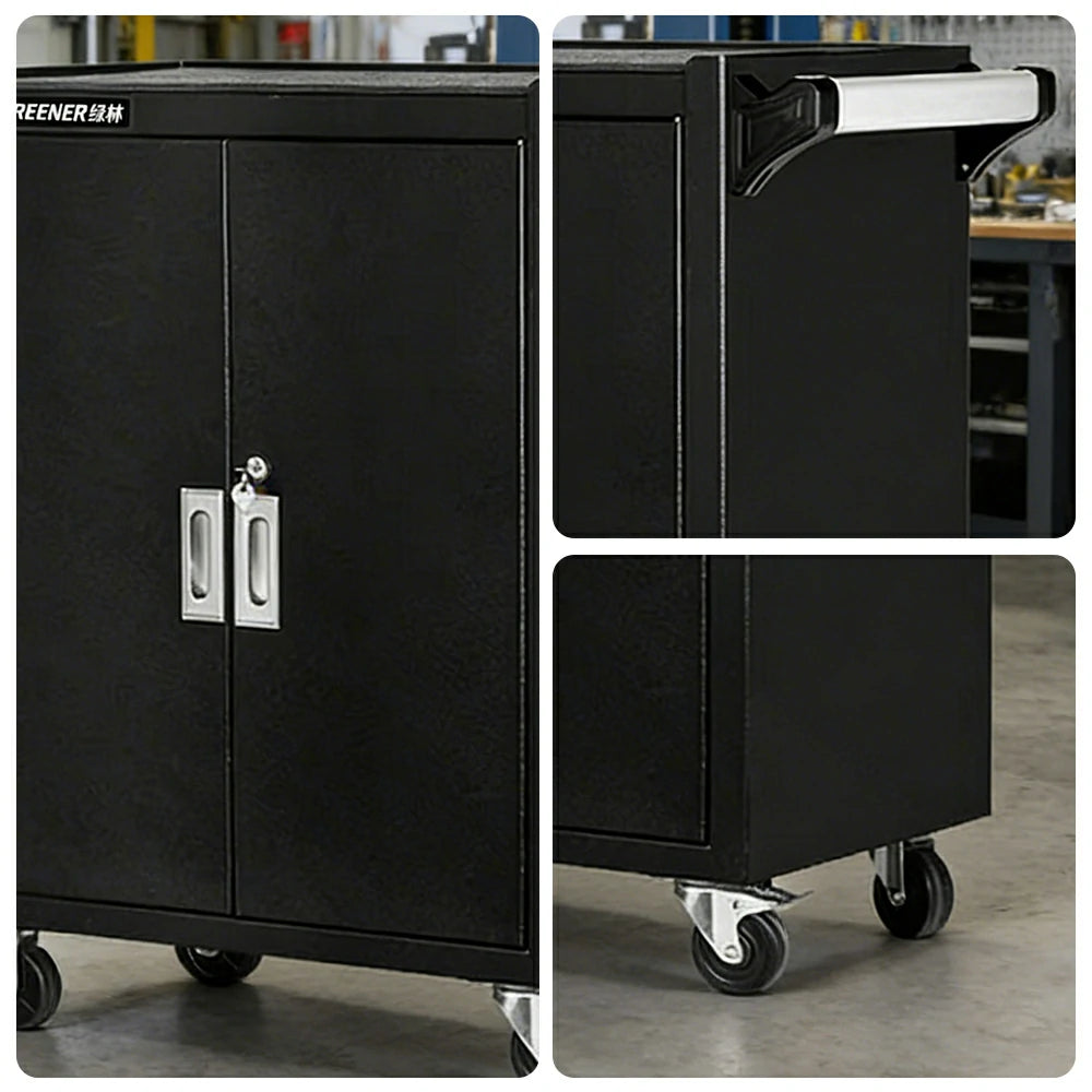 GROVIA Heavy Duty Tool Cabinet Double Door Lockable with Brake Castors 630x400x810mm Workshop Storage - Black