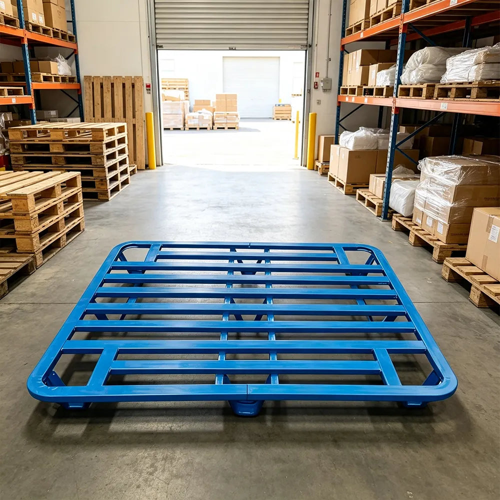 GROVIA Heavy-Duty Steel Pallet Rounded Nine-Leg Design Reinforced Frame Forklift Compatible for Warehouse Factory Logistics