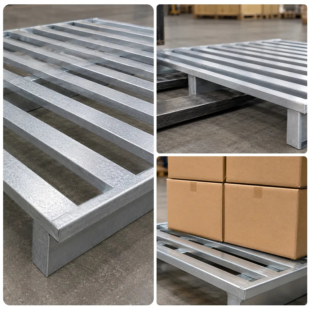 GROVIA Steel Forklift Pallet Galvanised Anti-Slip Surface Reinforced Frame 100/120cm for Warehouse Factory Logistics