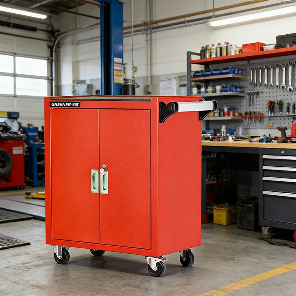 GROVIA Heavy Duty Tool Cabinet Double Door Lockable with Brake Castors 630x400x810mm Workshop Storage - Red