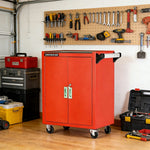 GROVIA Heavy Duty Tool Cabinet Double Door Lockable with Brake Castors 630x400x810mm Workshop Storage - Red