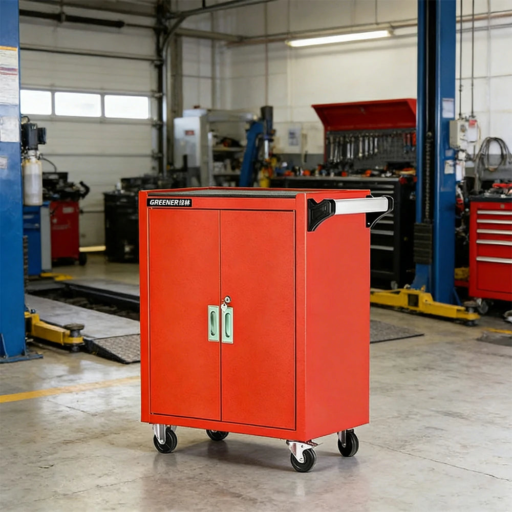 GROVIA Heavy Duty Tool Cabinet Double Door Lockable with Brake Castors 630x400x810mm Workshop Storage - Red