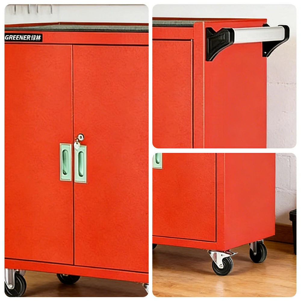 GROVIA Heavy Duty Tool Cabinet Double Door Lockable with Brake Castors 630x400x810mm Workshop Storage - Red