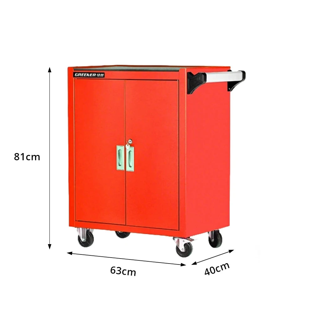 GROVIA Heavy Duty Tool Cabinet Double Door Lockable with Brake Castors 630x400x810mm Workshop Storage - Red