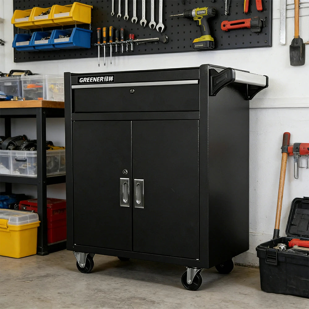 GROVIA Heavy Duty Tool Cabinet Single Drawer Lockable with Brake Castors 630x400x810mm Workshop Storage - Black