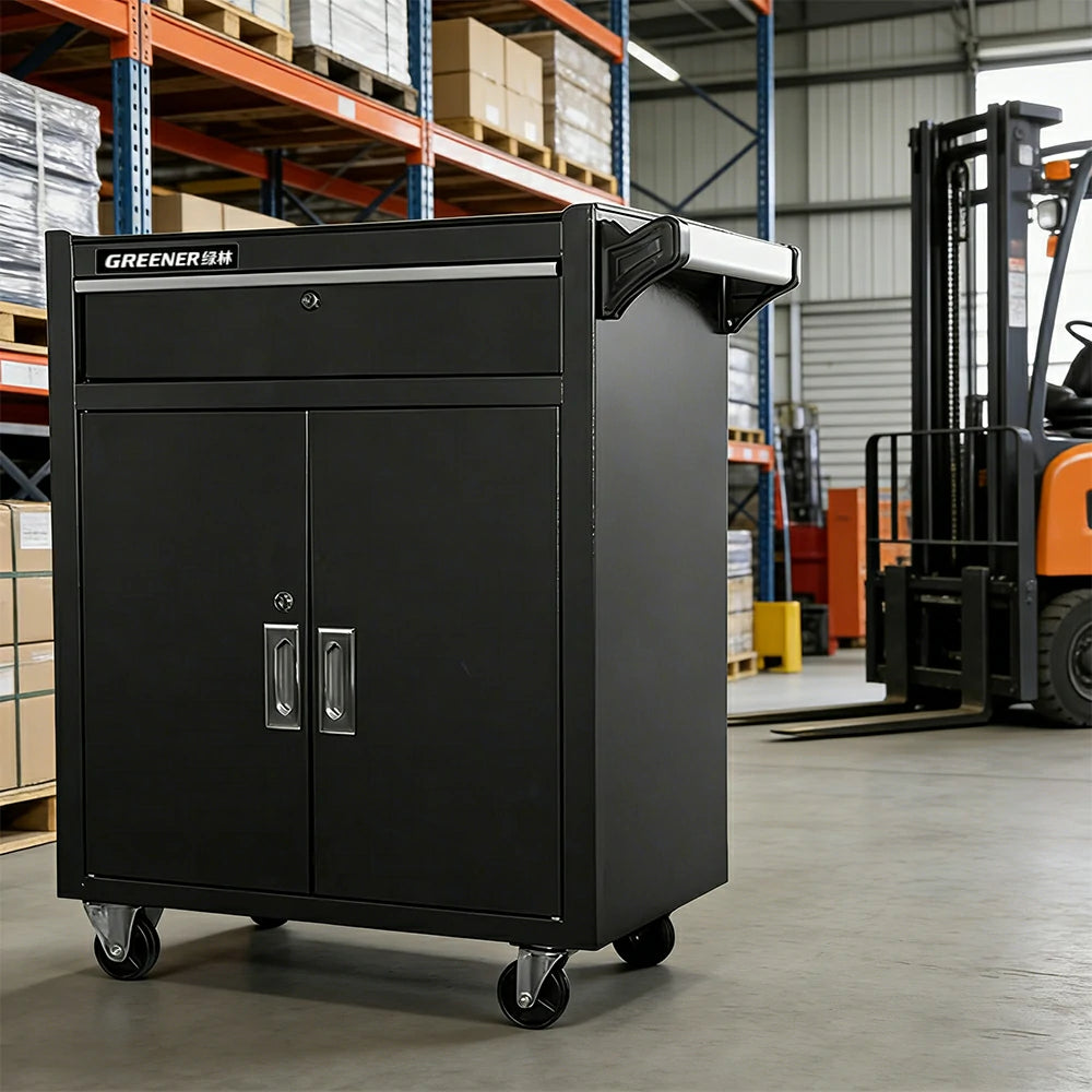GROVIA Heavy Duty Tool Cabinet Single Drawer Lockable with Brake Castors 630x400x810mm Workshop Storage - Black
