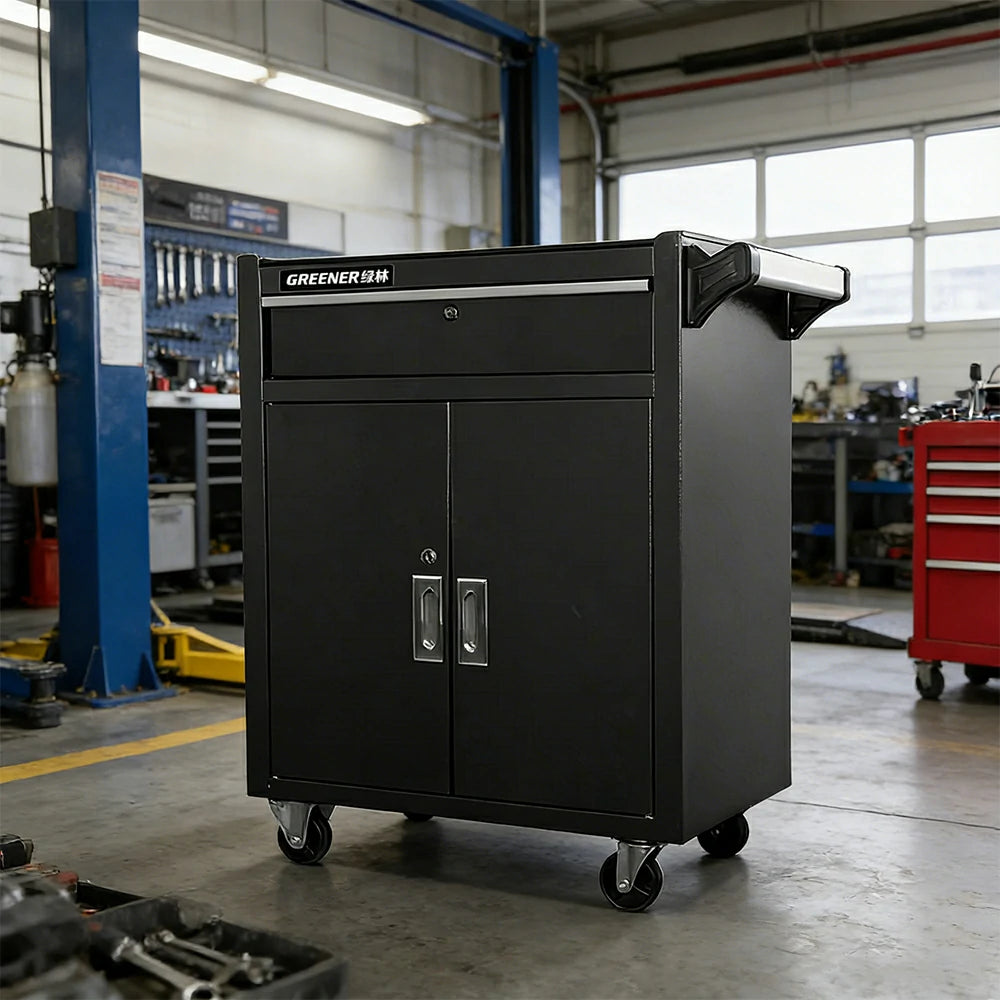 GROVIA Heavy Duty Tool Cabinet Single Drawer Lockable with Brake Castors 630x400x810mm Workshop Storage - Black