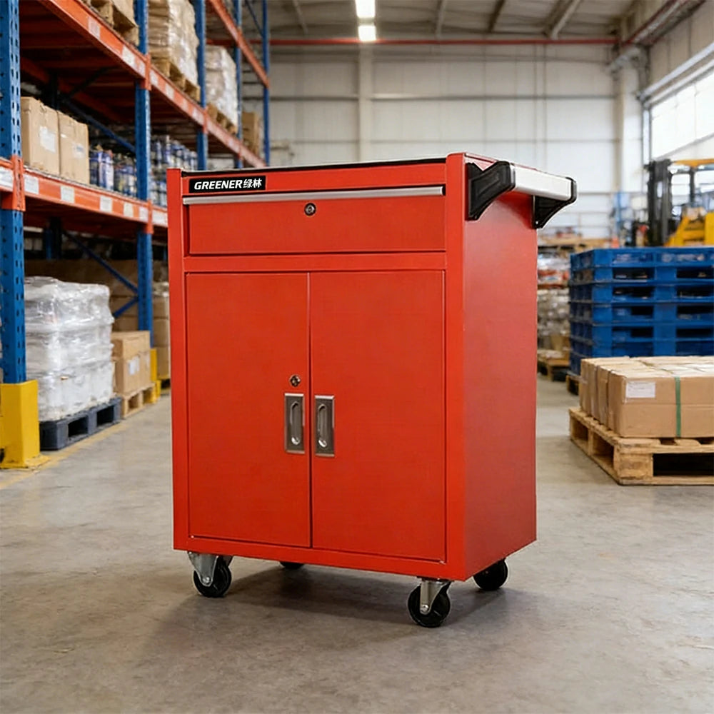 GROVIA Heavy Duty Tool Cabinet Single Drawer Lockable with Brake Castors 630x400x810mm Workshop Storage - Red