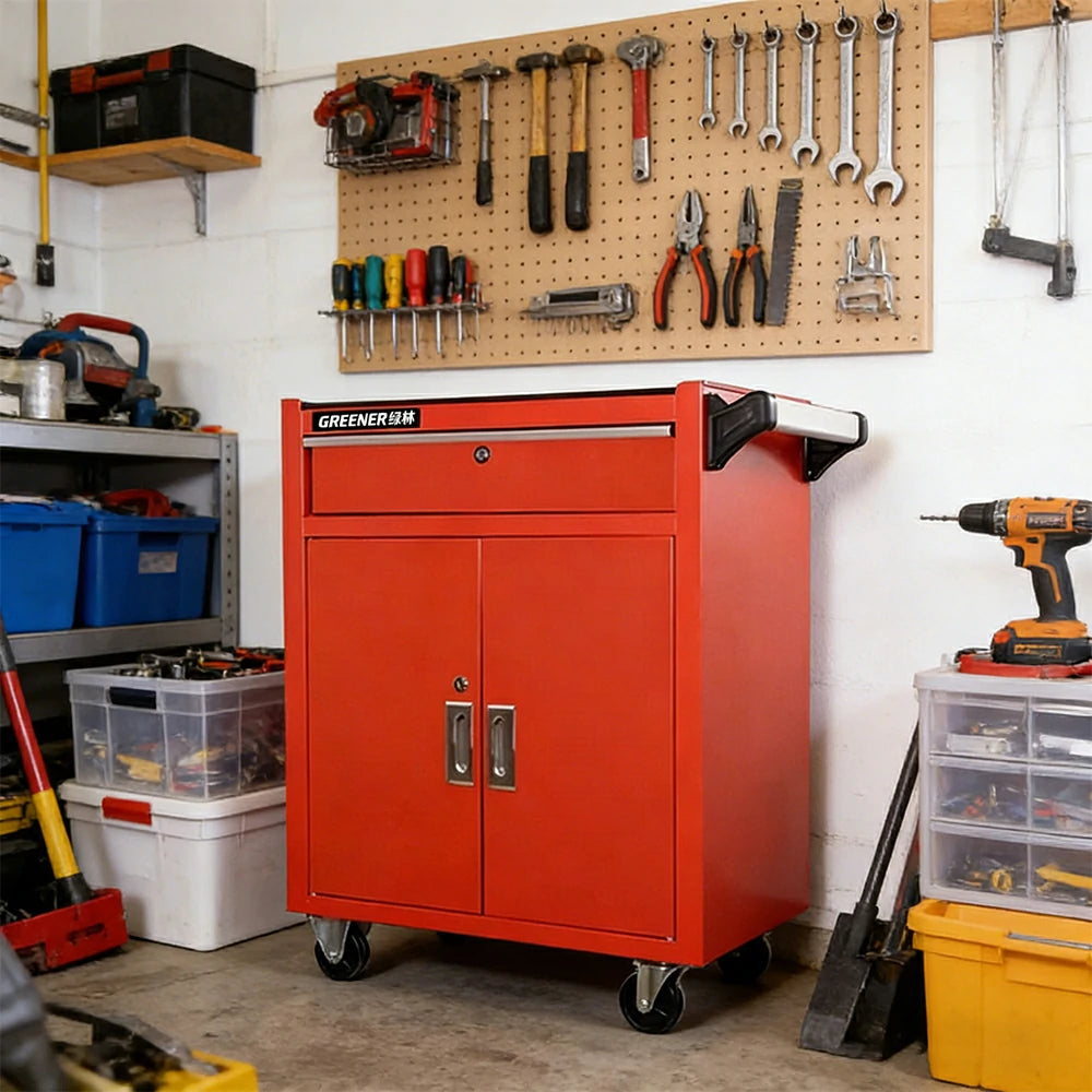 GROVIA Heavy Duty Tool Cabinet Single Drawer Lockable with Brake Castors 630x400x810mm Workshop Storage - Red