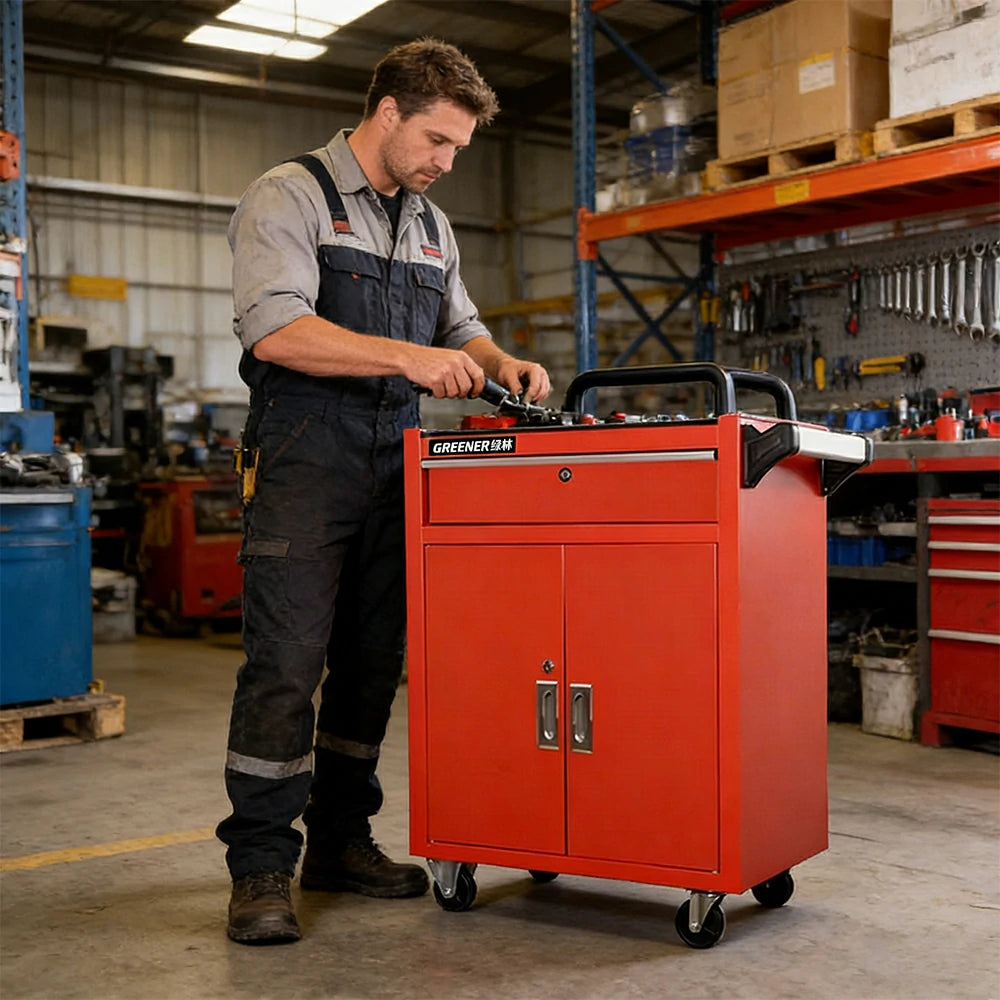 GROVIA Heavy Duty Tool Cabinet Single Drawer Lockable with Brake Castors 630x400x810mm Workshop Storage - Red