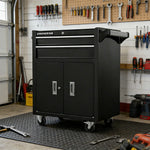 GROVIA Heavy Duty Tool Cabinet Double Drawer Lockable Mobile Storage 630x400x810mm Workshop Garage Trolley - Black