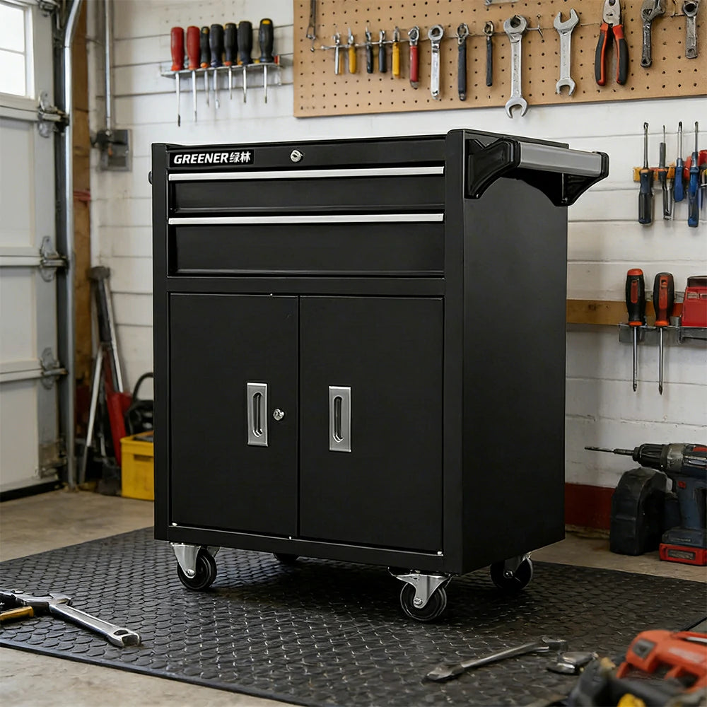GROVIA Heavy Duty Tool Cabinet Double Drawer Lockable Mobile Storage 630x400x810mm Workshop Garage Trolley - Black