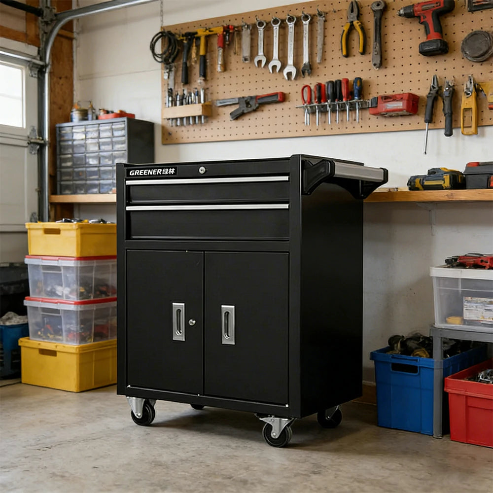 GROVIA Heavy Duty Tool Cabinet Double Drawer Lockable Mobile Storage 630x400x810mm Workshop Garage Trolley - Black