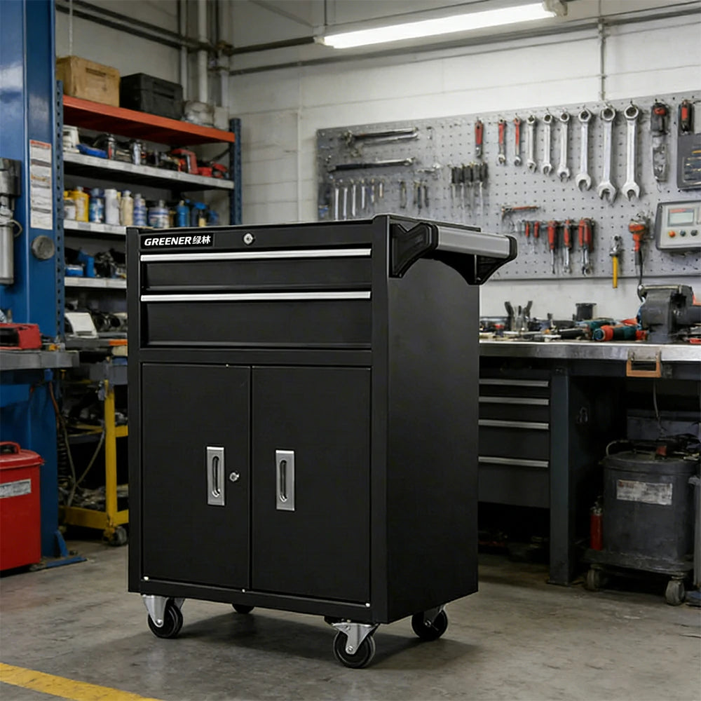 GROVIA Heavy Duty Tool Cabinet Double Drawer Lockable Mobile Storage 630x400x810mm Workshop Garage Trolley - Black