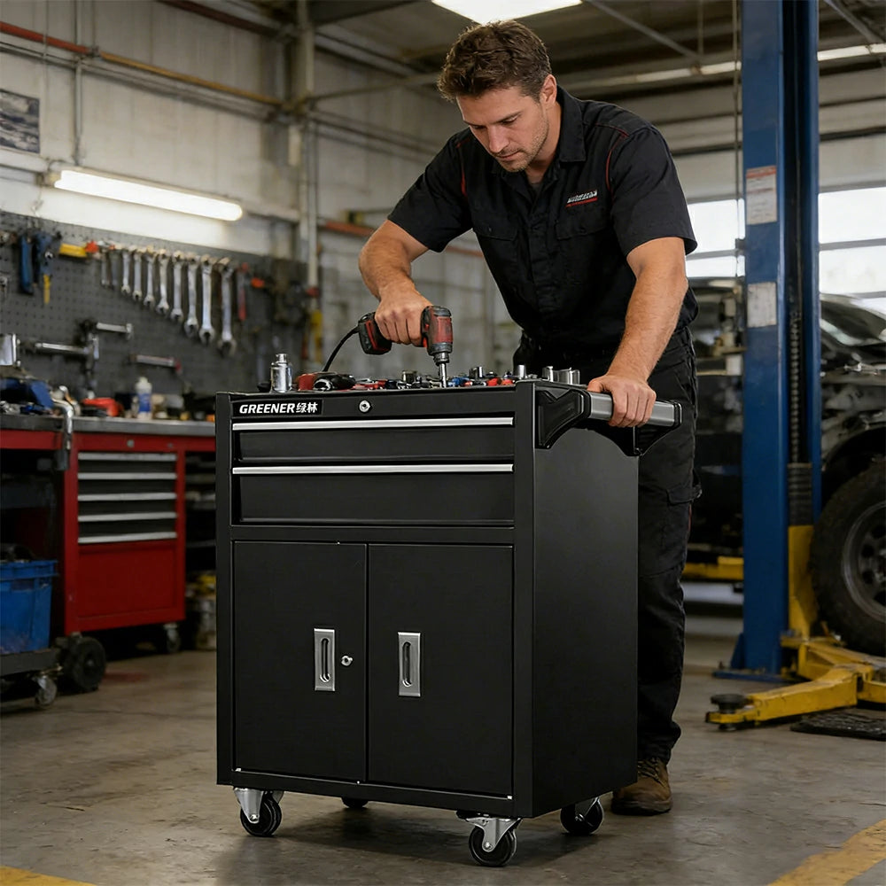 GROVIA Heavy Duty Tool Cabinet Double Drawer Lockable Mobile Storage 630x400x810mm Workshop Garage Trolley - Black