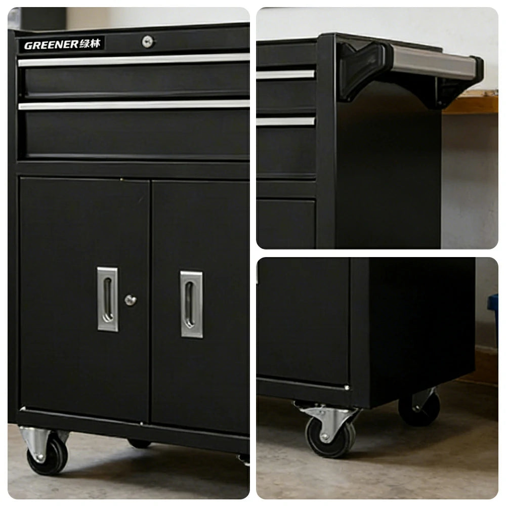 GROVIA Heavy Duty Tool Cabinet Double Drawer Lockable Mobile Storage 630x400x810mm Workshop Garage Trolley - Black