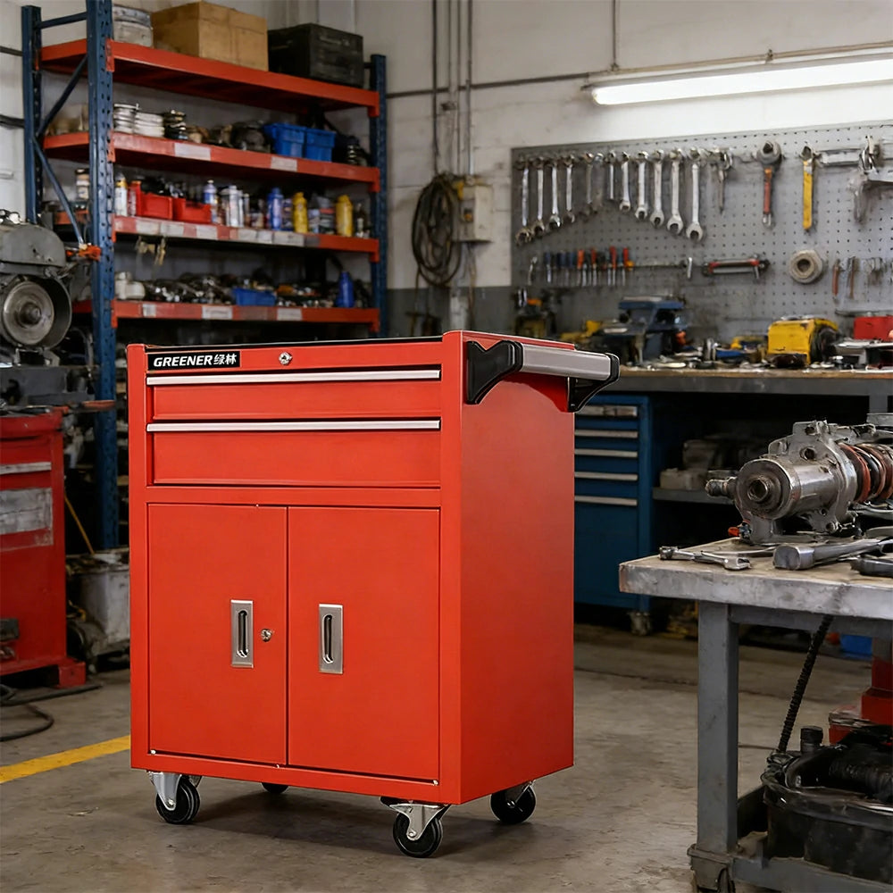 GROVIA Heavy Duty Tool Cabinet Double Drawer Lockable Mobile Storage 630x400x810mm Workshop Garage Trolley - Red