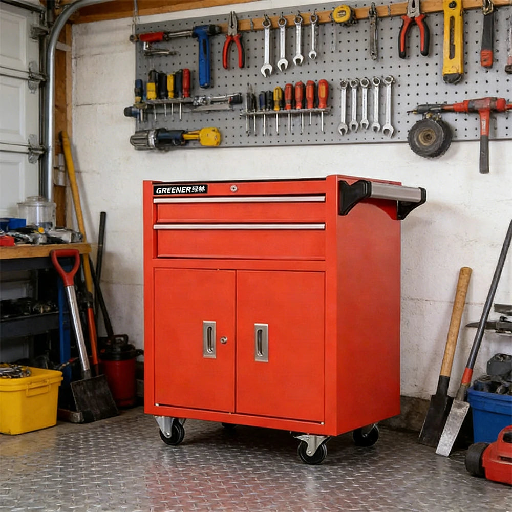 GROVIA Heavy Duty Tool Cabinet Double Drawer Lockable Mobile Storage 630x400x810mm Workshop Garage Trolley - Red