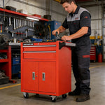 GROVIA Heavy Duty Tool Cabinet Double Drawer Lockable Mobile Storage 630x400x810mm Workshop Garage Trolley - Red