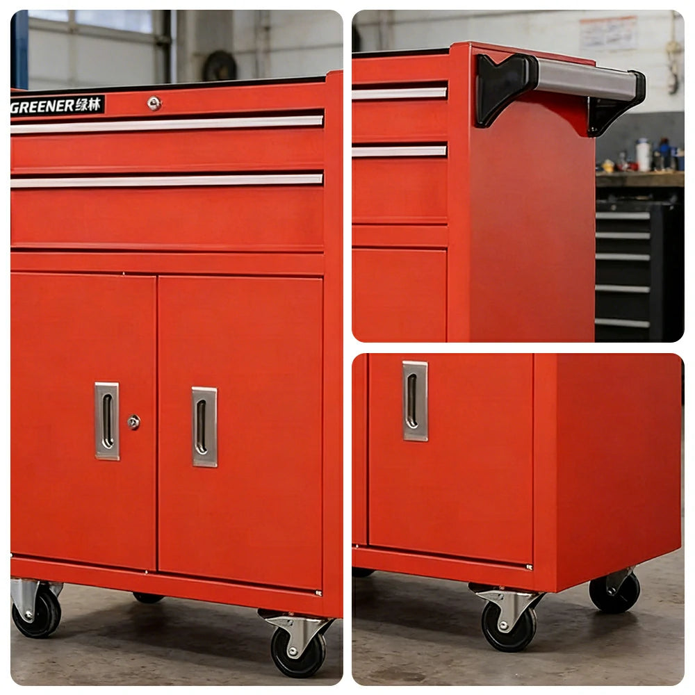 GROVIA Heavy Duty Tool Cabinet Double Drawer Lockable Mobile Storage 630x400x810mm Workshop Garage Trolley - Red