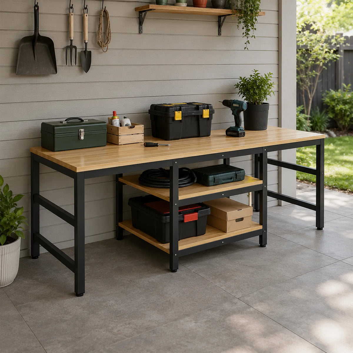 GROVIA Heavy Duty Workbench with Steel Frame Multi Layer Storage Shelves Wooden Top Tool Table for Garage Workshop Warehouse 60/80 - Black