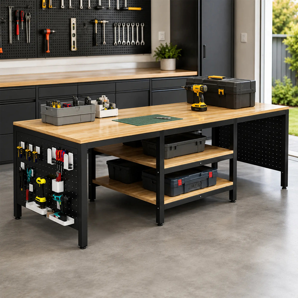 GROVIA Heavy Duty Workbench with Pegboard Tool Storage Steel Frame Wooden Top Multi Layer Shelves Garage Workshop Table 60/80cm - Black
