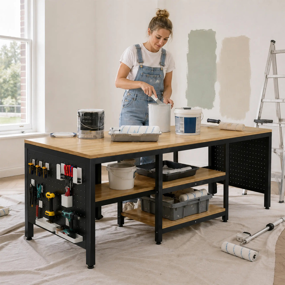 GROVIA Heavy Duty Workbench with Pegboard Tool Storage Steel Frame Wooden Top Multi Layer Shelves Garage Workshop Table 60/80cm - Black