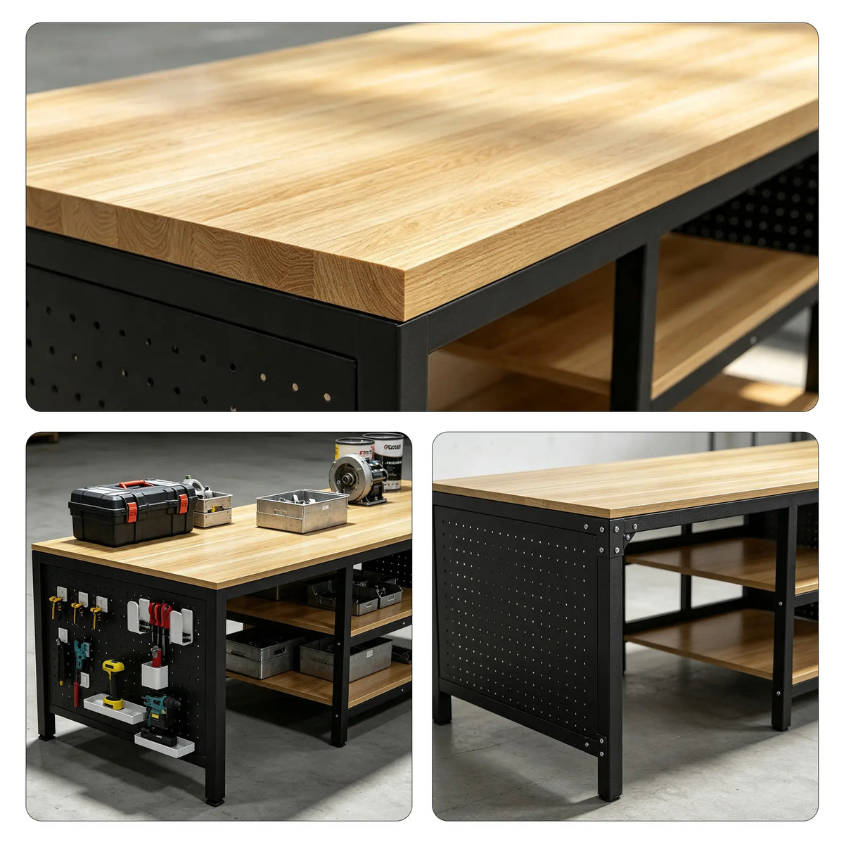 GROVIA Heavy Duty Workbench with Pegboard Tool Storage Steel Frame Wooden Top Multi Layer Shelves Garage Workshop Table 60/80cm - Black