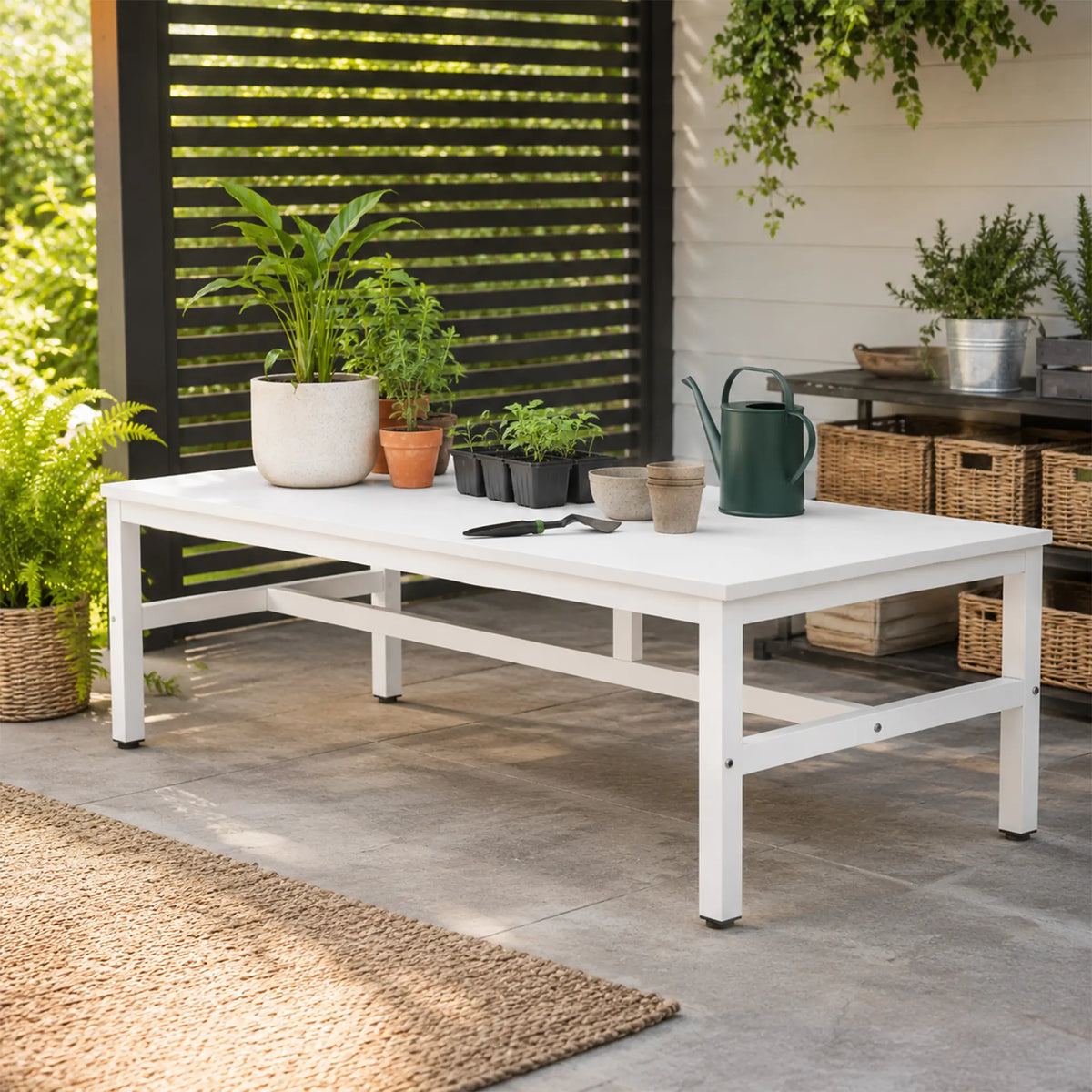 GROVIA Heavy Duty Workbench with Steel Frame Large Single Layer Work Table for Garage Workshop Warehouse Packing Station 60/80cm - White
