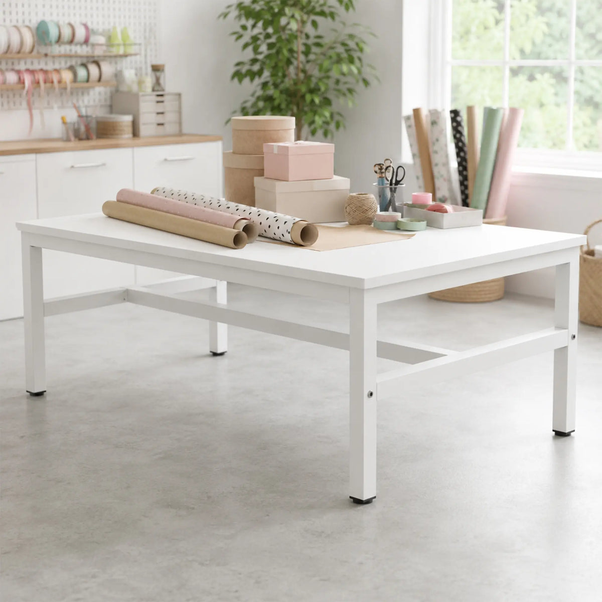 GROVIA Heavy Duty Workbench with Steel Frame Large Single Layer Work Table for Garage Workshop Warehouse Packing Station 60/80cm - White