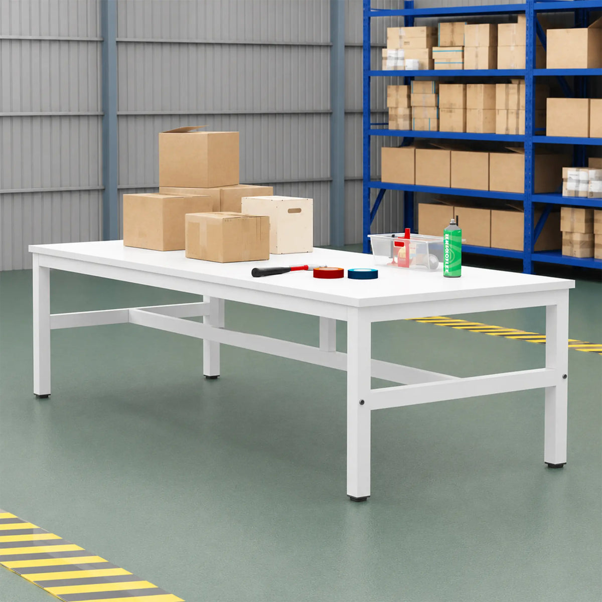 GROVIA Heavy Duty Workbench with Steel Frame Large Single Layer Work Table for Garage Workshop Warehouse Packing Station 60/80cm - White