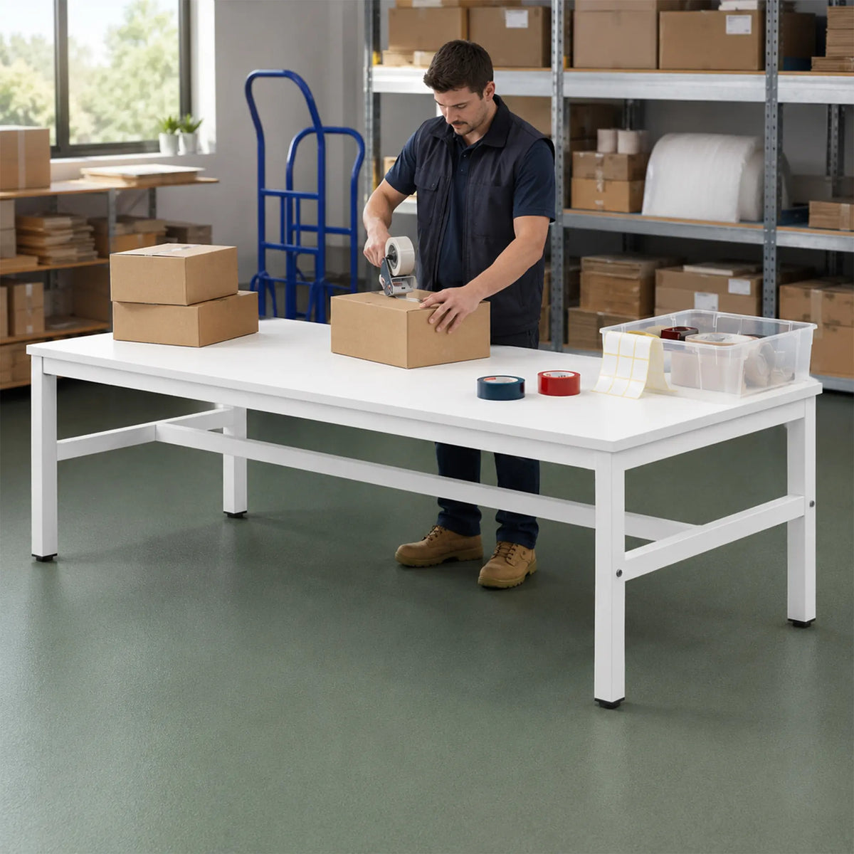 GROVIA Heavy Duty Workbench with Steel Frame Large Single Layer Work Table for Garage Workshop Warehouse Packing Station 60/80cm - White