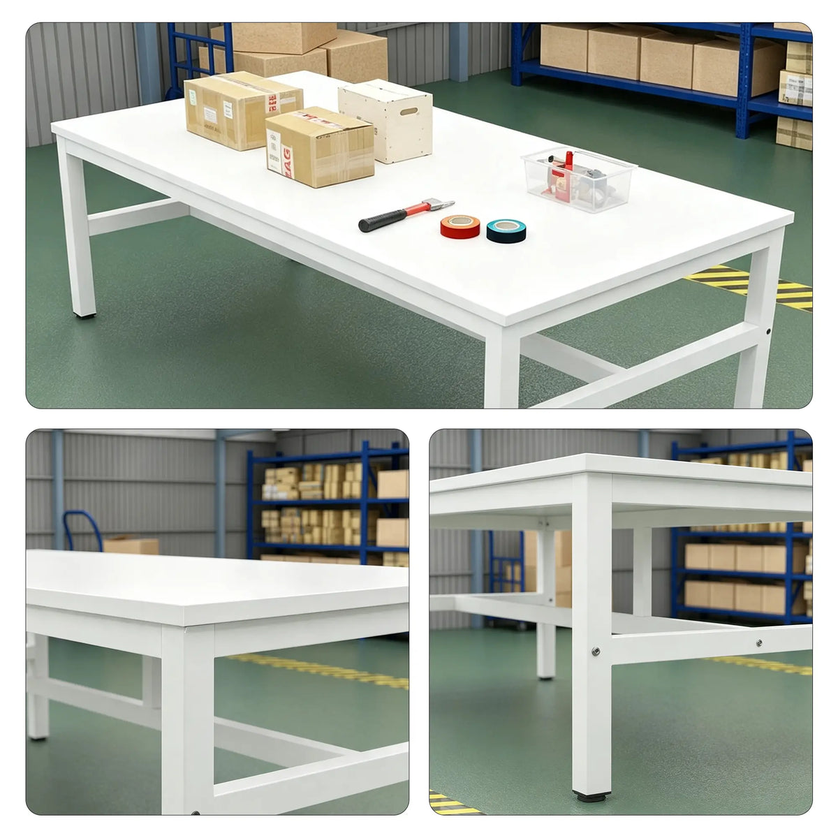 GROVIA Heavy Duty Workbench with Steel Frame Large Single Layer Work Table for Garage Workshop Warehouse Packing Station 60/80cm - White