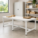 GROVIA Heavy Duty Workbench with Six Leg Steel Frame Single Layer Work Table Large Surface for Garage Workshop Warehouse Packing Station 80/100cm - White