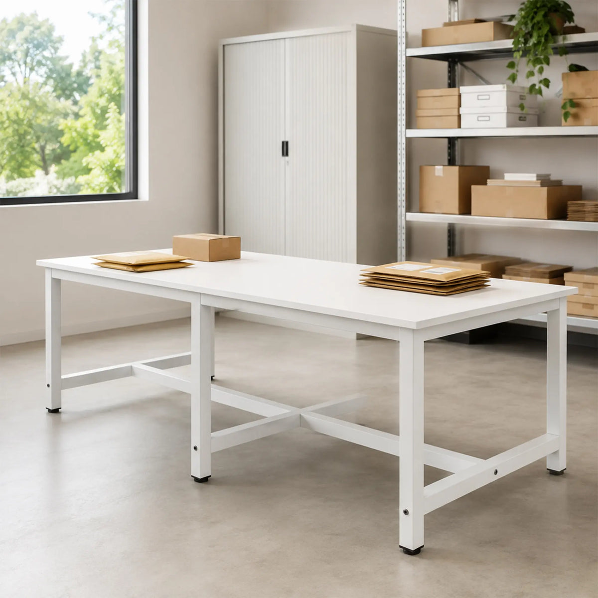 GROVIA Heavy Duty Workbench with Six Leg Steel Frame Single Layer Work Table Large Surface for Garage Workshop Warehouse Packing Station 80/100cm - White
