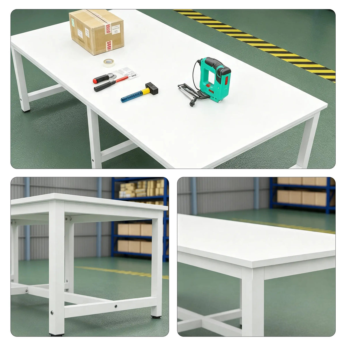 GROVIA Heavy Duty Workbench with Six Leg Steel Frame Single Layer Work Table Large Surface for Garage Workshop Warehouse Packing Station 80/100cm - White