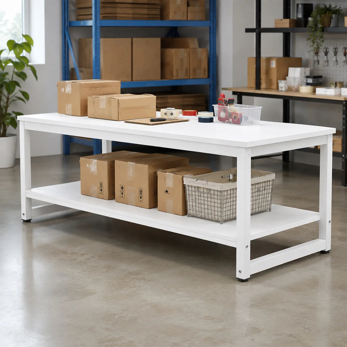 GROVIA Heavy Duty Workbench with Double Layer Storage Shelves Steel Frame Large Work Table for Garage Workshop Warehouse Packing Station 60/80cm - White